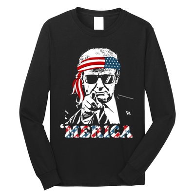 Merica Trump Happy 4th Of July Trump American Flag Long Sleeve Shirt