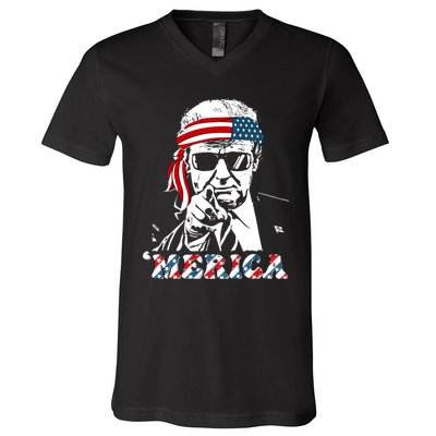 Merica Trump Happy 4th Of July Trump American Flag V-Neck T-Shirt