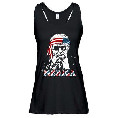 Merica Trump Happy 4th Of July Trump American Flag Ladies Essential Flowy Tank