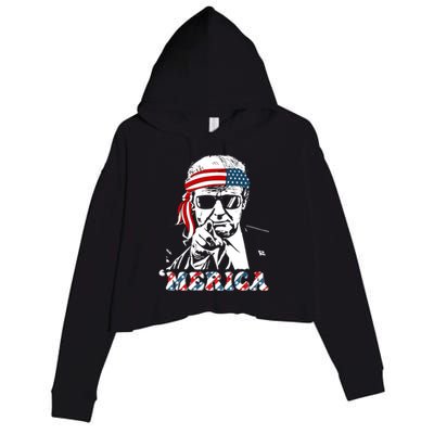 Merica Trump Happy 4th Of July Trump American Flag Crop Fleece Hoodie