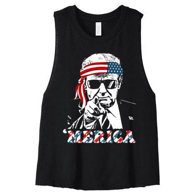 Merica Trump Happy 4th Of July Trump American Flag Women's Racerback Cropped Tank