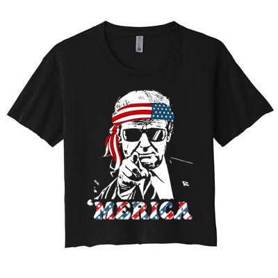 Merica Trump Happy 4th Of July Trump American Flag Women's Crop Top Tee