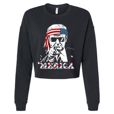 Merica Trump Happy 4th Of July Trump American Flag Cropped Pullover Crew