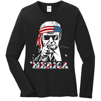 Merica Trump Happy 4th Of July Trump American Flag Ladies Long Sleeve Shirt