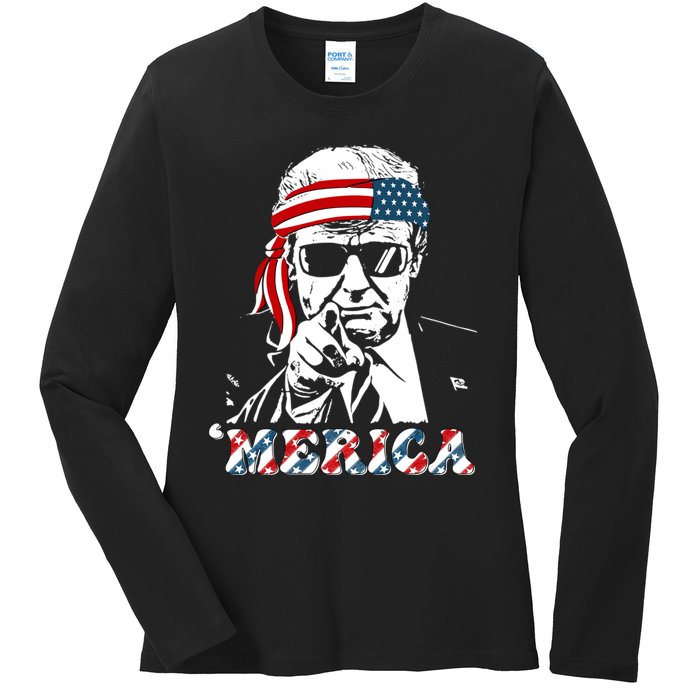 Merica Trump Happy 4th Of July Trump American Flag Ladies Long Sleeve Shirt