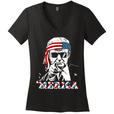 Merica Trump Happy 4th Of July Trump American Flag Women's V-Neck T-Shirt