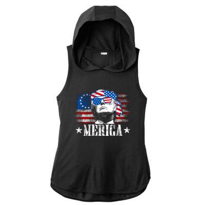 Merica Trump Happy 4th Of July Trump American Flag Ladies PosiCharge Tri-Blend Wicking Draft Hoodie Tank