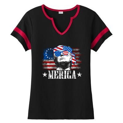 Merica Trump Happy 4th Of July Trump American Flag Ladies Halftime Notch Neck Tee