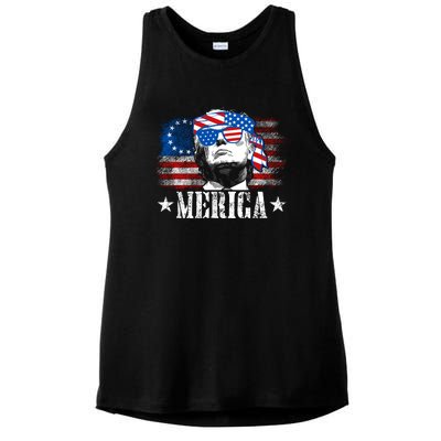 Merica Trump Happy 4th Of July Trump American Flag Ladies PosiCharge Tri-Blend Wicking Tank