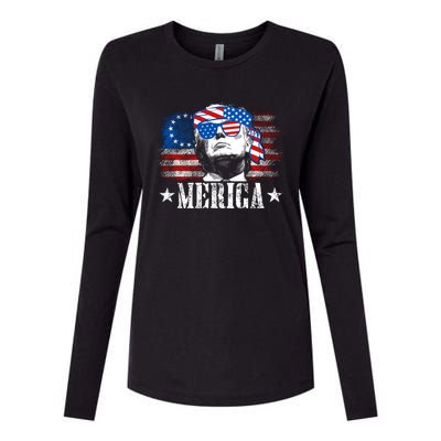 Merica Trump Happy 4th Of July Trump American Flag Womens Cotton Relaxed Long Sleeve T-Shirt