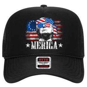 Merica Trump Happy 4th Of July Trump American Flag High Crown Mesh Back Trucker Hat