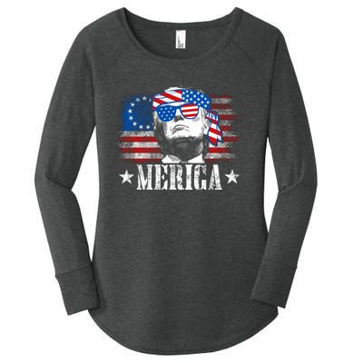 Merica Trump Happy 4th Of July Trump American Flag Women's Perfect Tri Tunic Long Sleeve Shirt