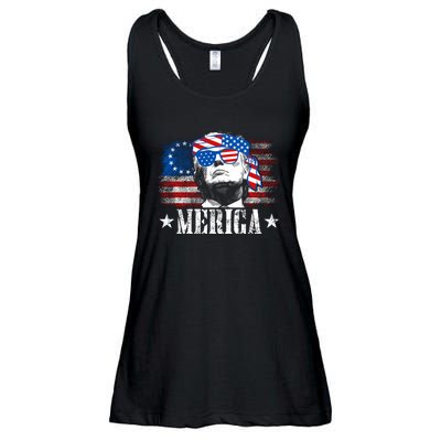 Merica Trump Happy 4th Of July Trump American Flag Ladies Essential Flowy Tank