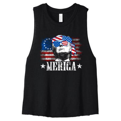 Merica Trump Happy 4th Of July Trump American Flag Women's Racerback Cropped Tank