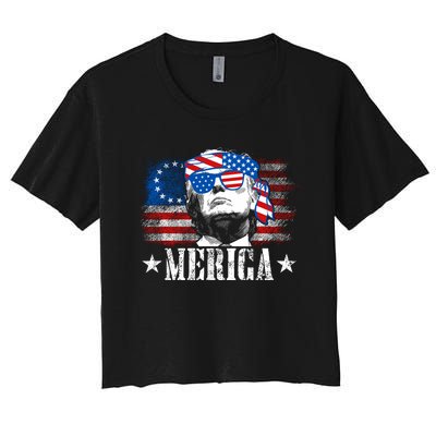 Merica Trump Happy 4th Of July Trump American Flag Women's Crop Top Tee