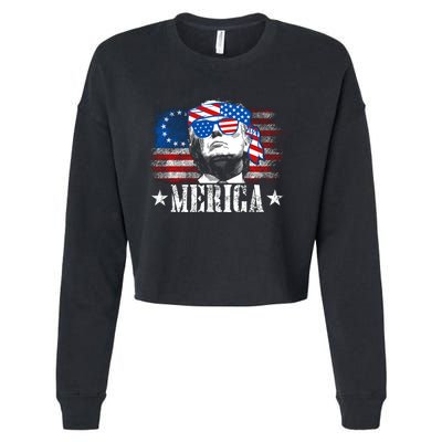 Merica Trump Happy 4th Of July Trump American Flag Cropped Pullover Crew