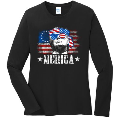 Merica Trump Happy 4th Of July Trump American Flag Ladies Long Sleeve Shirt