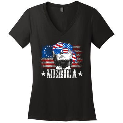 Merica Trump Happy 4th Of July Trump American Flag Women's V-Neck T-Shirt