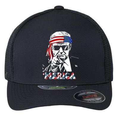 Merica Trump Happy 4th Of July Trump American Flag Flexfit Unipanel Trucker Cap