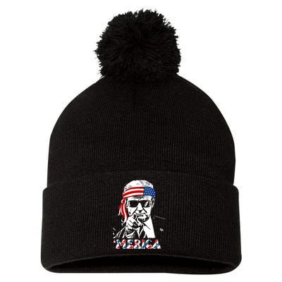 Merica Trump Happy 4th Of July Trump American Flag Pom Pom 12in Knit Beanie