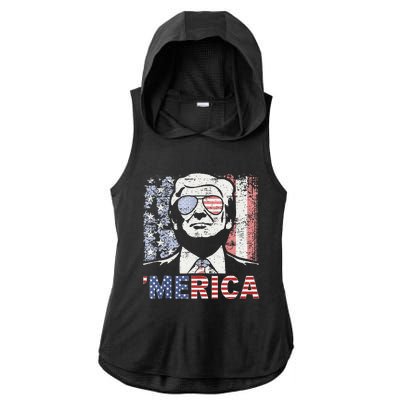 Merica Trump Happy 4th Of July Trump American Flag Ladies PosiCharge Tri-Blend Wicking Draft Hoodie Tank