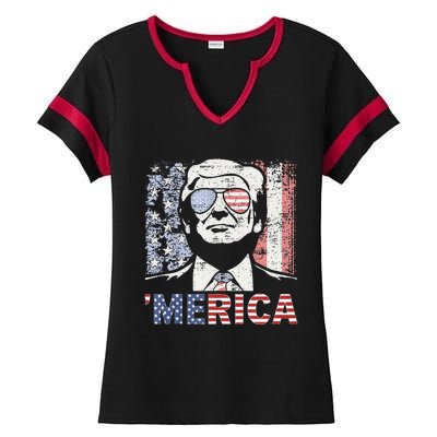 Merica Trump Happy 4th Of July Trump American Flag Ladies Halftime Notch Neck Tee