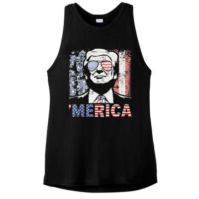 Merica Trump Happy 4th Of July Trump American Flag Ladies PosiCharge Tri-Blend Wicking Tank