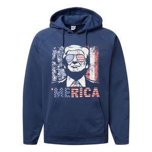 Merica Trump Happy 4th Of July Trump American Flag Performance Fleece Hoodie