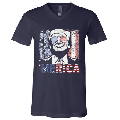 Merica Trump Happy 4th Of July Trump American Flag V-Neck T-Shirt