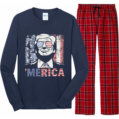 Merica Trump Happy 4th Of July Trump American Flag Long Sleeve Pajama Set