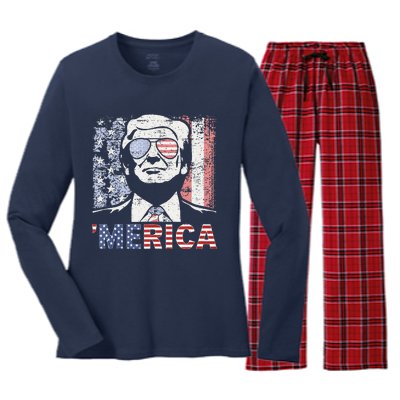 Merica Trump Happy 4th Of July Trump American Flag Women's Long Sleeve Flannel Pajama Set 