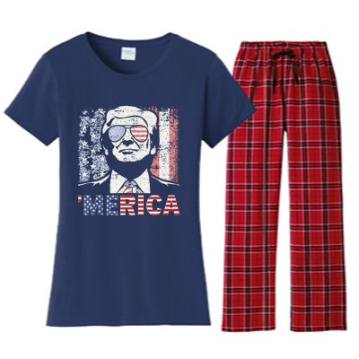 Merica Trump Happy 4th Of July Trump American Flag Women's Flannel Pajama Set