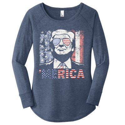 Merica Trump Happy 4th Of July Trump American Flag Women's Perfect Tri Tunic Long Sleeve Shirt