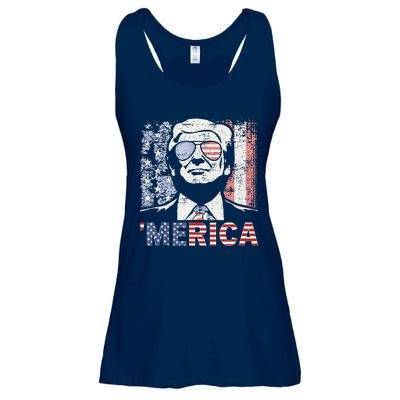 Merica Trump Happy 4th Of July Trump American Flag Ladies Essential Flowy Tank