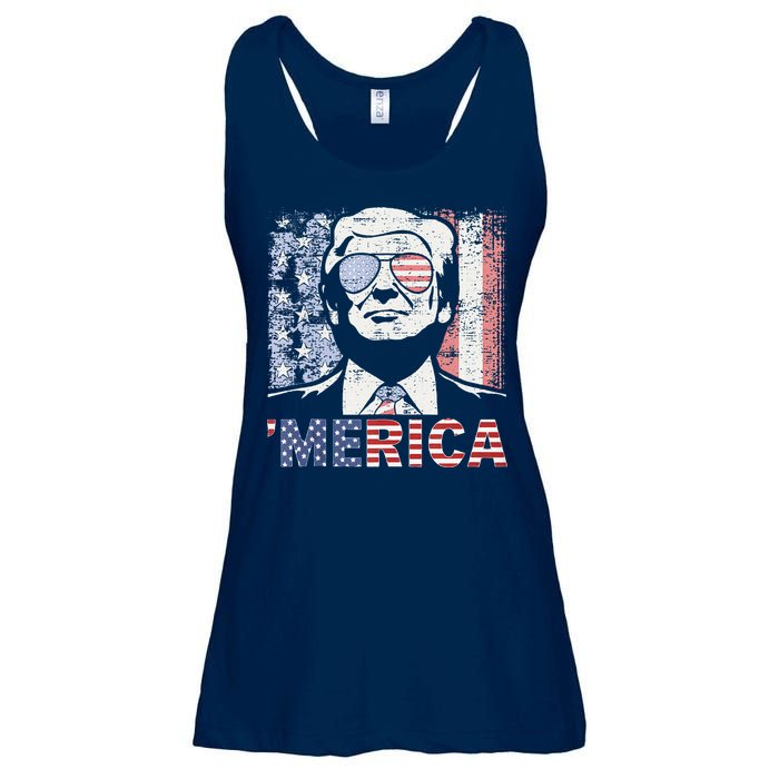 Merica Trump Happy 4th Of July Trump American Flag Ladies Essential Flowy Tank