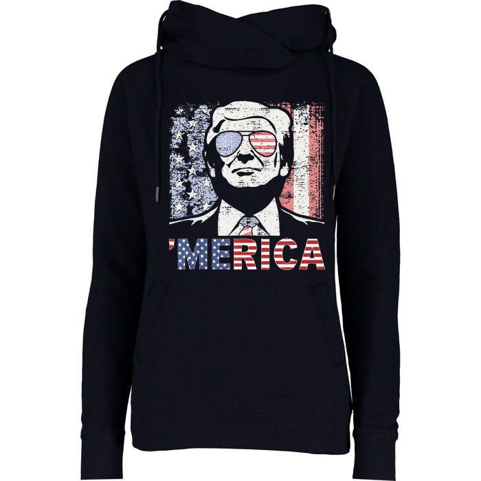 Merica Trump Happy 4th Of July Trump American Flag Womens Funnel Neck Pullover Hood