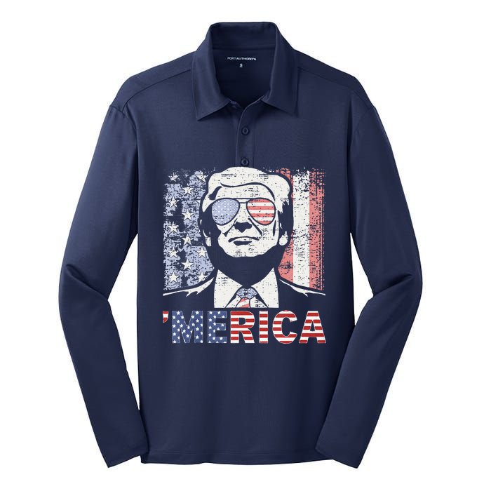 Merica Trump Happy 4th Of July Trump American Flag Silk Touch Performance Long Sleeve Polo