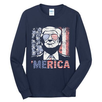 Merica Trump Happy 4th Of July Trump American Flag Tall Long Sleeve T-Shirt