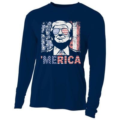 Merica Trump Happy 4th Of July Trump American Flag Cooling Performance Long Sleeve Crew