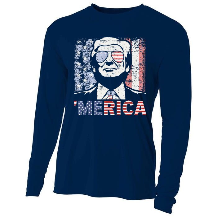 Merica Trump Happy 4th Of July Trump American Flag Cooling Performance Long Sleeve Crew