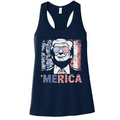 Merica Trump Happy 4th Of July Trump American Flag Women's Racerback Tank