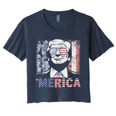 Merica Trump Happy 4th Of July Trump American Flag Women's Crop Top Tee