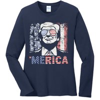 Merica Trump Happy 4th Of July Trump American Flag Ladies Long Sleeve Shirt