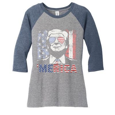 Merica Trump Happy 4th Of July Trump American Flag Women's Tri-Blend 3/4-Sleeve Raglan Shirt