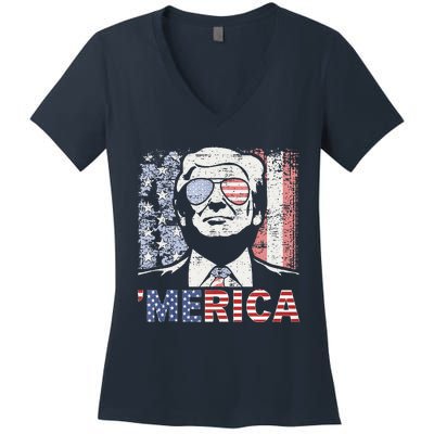 Merica Trump Happy 4th Of July Trump American Flag Women's V-Neck T-Shirt