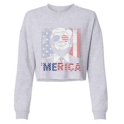 Merica Trump Happy 4th Of July Trump American Flag Cropped Pullover Crew