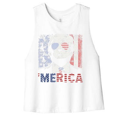 Merica Trump Happy 4th Of July Trump American Flag Women's Racerback Cropped Tank