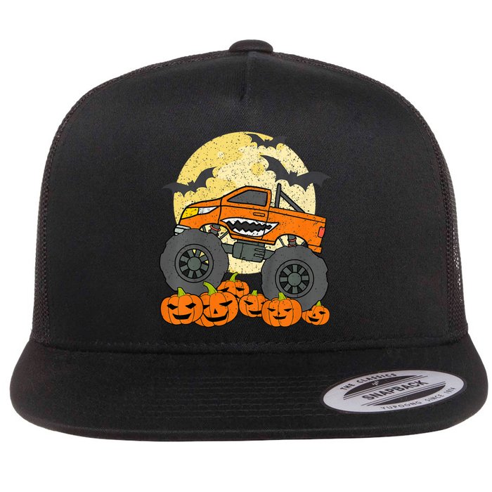 Monster Truck Halloween Jack O Lantern Moon Pumpkin Flat Bill Trucker Hat