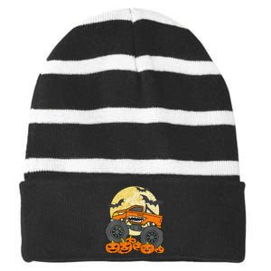 Monster Truck Halloween Jack O Lantern Moon Pumpkin Striped Beanie with Solid Band