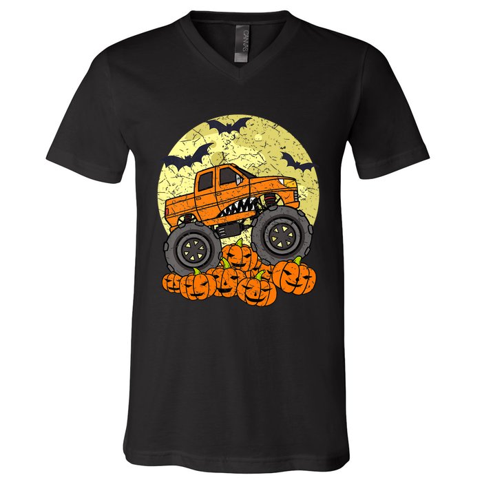 Monster Truck Halloween Jack O Lantern Moon Pumpkin V-Neck T-Shirt